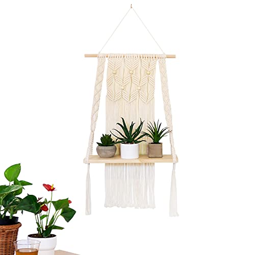 Macrame Shelf - Cute Macrame Hanging Shelf - 1 Tier Macrame Shelf Hanging Ideal for Bohemian Wall Decor to Display Plants, Artwork Pictures Books and Home Decor Items