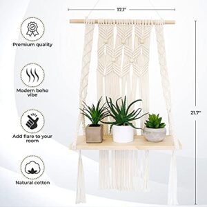 Macrame Shelf - Cute Macrame Hanging Shelf - 1 Tier Macrame Shelf Hanging Ideal for Bohemian Wall Decor to Display Plants, Artwork Pictures Books and Home Decor Items