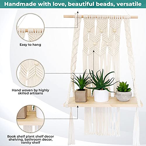 Macrame Shelf - Cute Macrame Hanging Shelf - 1 Tier Macrame Shelf Hanging Ideal for Bohemian Wall Decor to Display Plants, Artwork Pictures Books and Home Decor Items