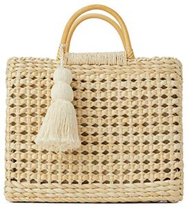 qzunique women’s summer straw shoulder bag lining handbag tassel wooden handles handwoven crossbody hobo bag purse