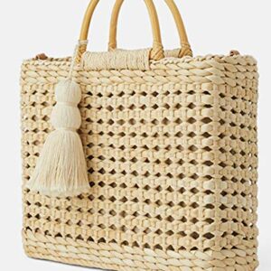 QZUnique Women's Summer Straw Shoulder Bag Lining Handbag Tassel Wooden Handles Handwoven Crossbody Hobo Bag Purse