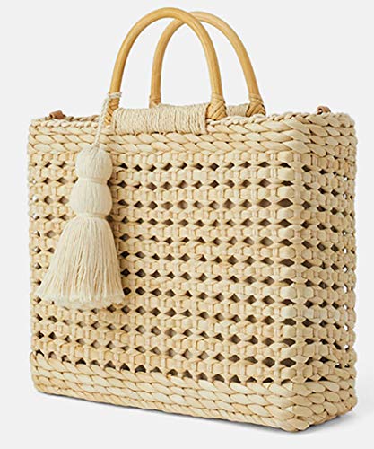 QZUnique Women's Summer Straw Shoulder Bag Lining Handbag Tassel Wooden Handles Handwoven Crossbody Hobo Bag Purse