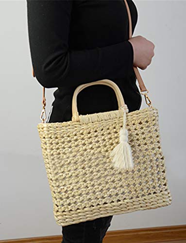 QZUnique Women's Summer Straw Shoulder Bag Lining Handbag Tassel Wooden Handles Handwoven Crossbody Hobo Bag Purse