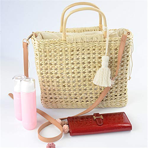 QZUnique Women's Summer Straw Shoulder Bag Lining Handbag Tassel Wooden Handles Handwoven Crossbody Hobo Bag Purse