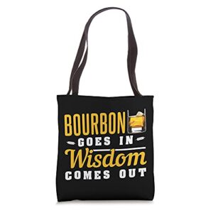 bourbon goes in wisdom comes out tote bag