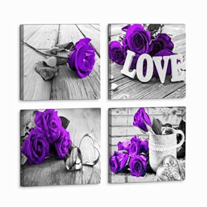 purple pictures wall decor flowers canvas wall art for couples bedroom romantic rose bathroom painting black and white grey love themed floral poster living room modern home decorations 12×12″ 4 pcs