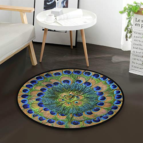 Ollabaky Classical Peacock Feathers Area Rug Floor Mats Absorbent Non-Slip Soft Round Carpet for Living Dining Room Rug Bedroom Sofa Home Decor, 3 Feet Diameter