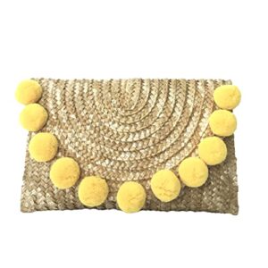 f.c. fashion culture women’s pom pom straw envelope clutch (yellow)