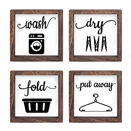 LIBWYS Laundry Sign Set of 4 Wash Dry Fold Put Away Decorative Rustic Handmade Wood Farmhouse Laundry Room Wall Decor (White)