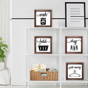 LIBWYS Laundry Sign Set of 4 Wash Dry Fold Put Away Decorative Rustic Handmade Wood Farmhouse Laundry Room Wall Decor (White)