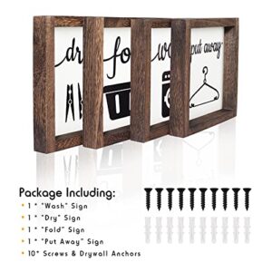 LIBWYS Laundry Sign Set of 4 Wash Dry Fold Put Away Decorative Rustic Handmade Wood Farmhouse Laundry Room Wall Decor (White)