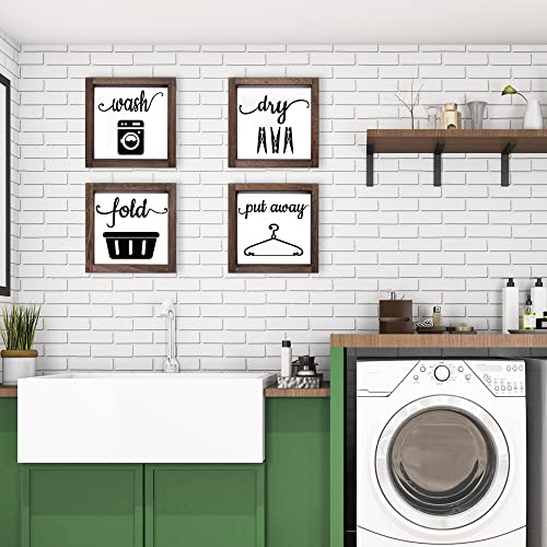 LIBWYS Laundry Sign Set of 4 Wash Dry Fold Put Away Decorative Rustic Handmade Wood Farmhouse Laundry Room Wall Decor (White)