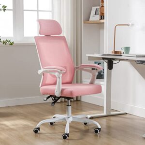qulomvs mesh ergonomic office chair with headrest and backrest 90-135 adjustable computer executive desk chair with wheels 360 swivel task chair(pink)