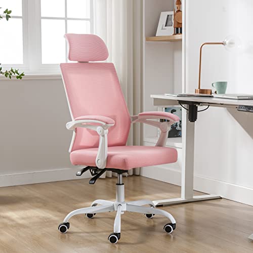 Qulomvs Mesh Ergonomic Office Chair with Headrest and Backrest 90-135 Adjustable Computer Executive Desk Chair with Wheels 360 Swivel Task Chair(Pink)