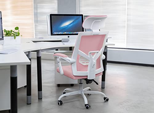 Qulomvs Mesh Ergonomic Office Chair with Headrest and Backrest 90-135 Adjustable Computer Executive Desk Chair with Wheels 360 Swivel Task Chair(Pink)