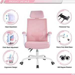 Qulomvs Mesh Ergonomic Office Chair with Headrest and Backrest 90-135 Adjustable Computer Executive Desk Chair with Wheels 360 Swivel Task Chair(Pink)