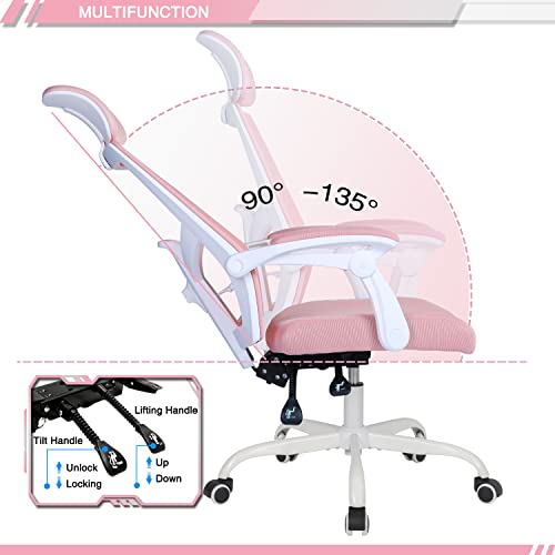 Qulomvs Mesh Ergonomic Office Chair with Headrest and Backrest 90-135 Adjustable Computer Executive Desk Chair with Wheels 360 Swivel Task Chair(Pink)