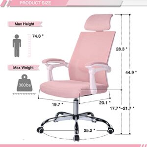 Qulomvs Mesh Ergonomic Office Chair with Headrest and Backrest 90-135 Adjustable Computer Executive Desk Chair with Wheels 360 Swivel Task Chair(Pink)