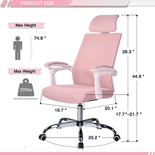 Qulomvs Mesh Ergonomic Office Chair with Headrest and Backrest 90-135 Adjustable Computer Executive Desk Chair with Wheels 360 Swivel Task Chair(Pink)