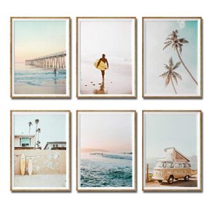 imagitek set of 6 unframed california coastal surf wall art prints, beach sunset wall poster, surfboard wall art (8″ x 10″)