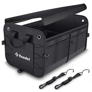 k knodel car trunk organizer, foldable cover, heavy duty collapsible car trunk storage organizer, car cargo trunk organizer with lid, 2 compartments, with straps (black)