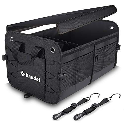 K KNODEL Car Trunk Organizer, Foldable Cover, Heavy Duty Collapsible Car Trunk Storage Organizer, Car Cargo Trunk Organizer with Lid, 2 Compartments, with Straps (Black)