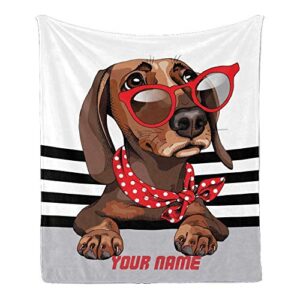 cuxweot custom blanket with name text,personalized dachshund dog in a red sunglasses super soft fleece throw blanket for couch sofa bed (50 x 60 inches)