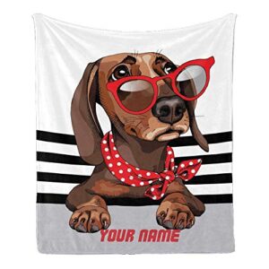 CUXWEOT Custom Blanket with Name Text,Personalized Dachshund Dog in a Red Sunglasses Super Soft Fleece Throw Blanket for Couch Sofa Bed (50 X 60 inches)