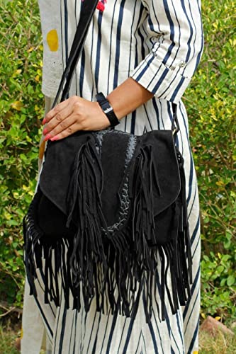 AryanExports Women Hippie Fringe Bags Fashion Bohemian Black Tassel Cross Body Bag Vintage Boho Bags