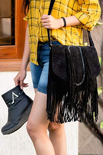 AryanExports Women Hippie Fringe Bags Fashion Bohemian Black Tassel Cross Body Bag Vintage Boho Bags