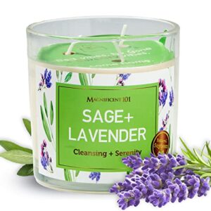 large sage + lavender, smudge candle for house energy cleansing and serenity, banishes negative energy i purification and chakra healing – natural soy wax glass candle for aromatherapy (14oz)