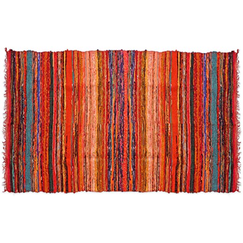 India Artistic Multi Color Chindi Rag Rug 4X6' | Hand Woven Rug & Reversible Rug | Recycled Cotton Chindi Rug for Living Room Kitchen | Rustic Rug | Cotton Rug | Runner Rugs (Red Colour)