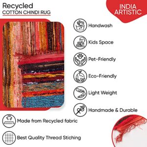 India Artistic Multi Color Chindi Rag Rug 4X6' | Hand Woven Rug & Reversible Rug | Recycled Cotton Chindi Rug for Living Room Kitchen | Rustic Rug | Cotton Rug | Runner Rugs (Red Colour)