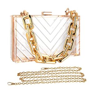 luexbox acrylic women clear purse, evening clutch handbag with removable gold chain, transparent crossbody shoulder stadium purse for gameday, bridal, bachelorette party, prom & concert (v shape)
