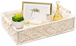 mkono macrame decorative tray boho home decor basket with wooden handles handmade woven jewelry perfume makeup storage organizer for vanity, dresser, countertop, bedroom, living room, 14”l x 10”w