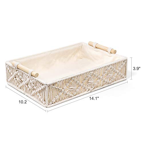 Mkono Macrame Decorative Tray Boho Home Decor Basket with Wooden Handles Handmade Woven Jewelry Perfume Makeup Storage Organizer for Vanity, Dresser, Countertop, Bedroom, Living Room, 14''L x 10''W