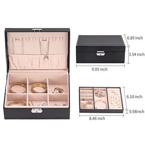 Smileshe Jewelry Box for Women Girls, PU Leather Organizer Holder Boxes with Lock, 2 Layers Removable Display Storage Travel Case for Rings Earrings Necklaces Bracelets