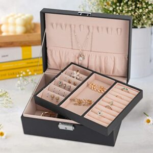 Smileshe Jewelry Box for Women Girls, PU Leather Organizer Holder Boxes with Lock, 2 Layers Removable Display Storage Travel Case for Rings Earrings Necklaces Bracelets