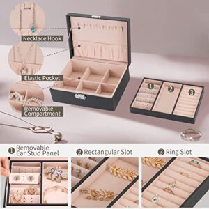 Smileshe Jewelry Box for Women Girls, PU Leather Organizer Holder Boxes with Lock, 2 Layers Removable Display Storage Travel Case for Rings Earrings Necklaces Bracelets