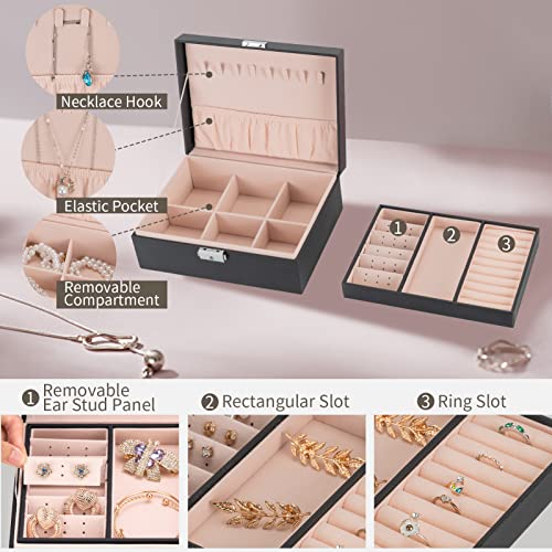 Smileshe Jewelry Box for Women Girls, PU Leather Organizer Holder Boxes with Lock, 2 Layers Removable Display Storage Travel Case for Rings Earrings Necklaces Bracelets