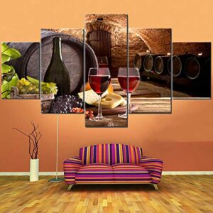 fu-keivy wine wall art decor for kitchen dining room grapes fruit canvas wine bottle pictures 5 piece paintings modern artwork decorations cellar with barrel and glass wooden framed