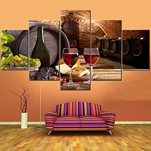 Fu-Keivy Wine Wall Art Decor for Kitchen Dining Room Grapes Fruit Canvas Wine Bottle Pictures 5 Piece Paintings Modern Artwork Decorations Cellar with Barrel and Glass Wooden Framed