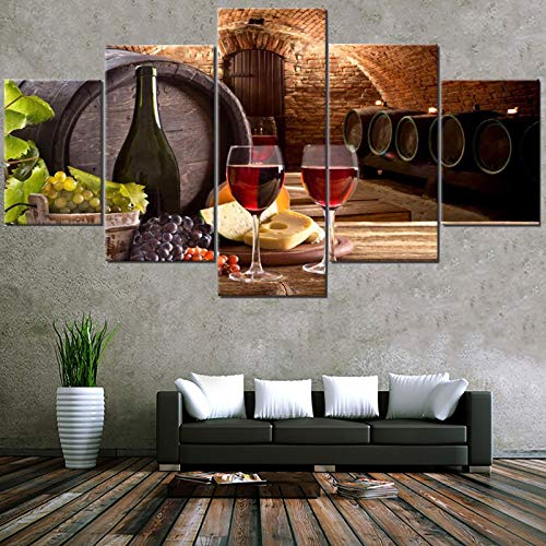 Fu-Keivy Wine Wall Art Decor for Kitchen Dining Room Grapes Fruit Canvas Wine Bottle Pictures 5 Piece Paintings Modern Artwork Decorations Cellar with Barrel and Glass Wooden Framed