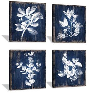 hardy gallery white botanical wall canvas art: artistic plant picture dark blue background painting for bathroom (12 x 12 x 4 panels)