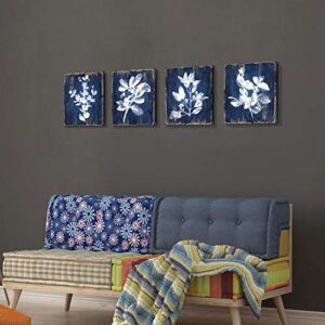 Hardy Gallery White Botanical Wall Canvas Art: Artistic Plant Picture Dark Blue Background Painting for Bathroom (12 x 12 x 4 Panels)