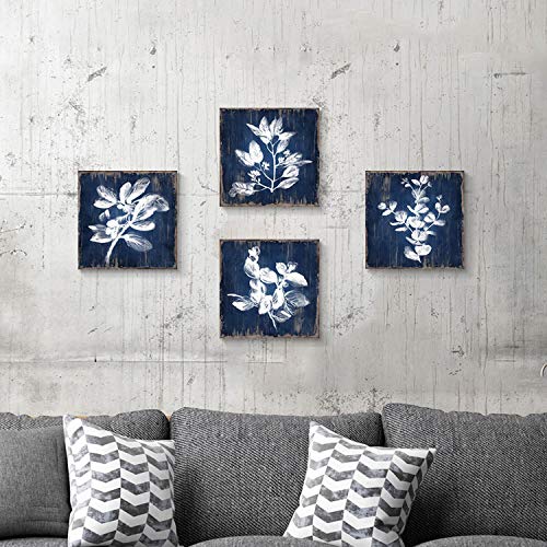 Hardy Gallery White Botanical Wall Canvas Art: Artistic Plant Picture Dark Blue Background Painting for Bathroom (12 x 12 x 4 Panels)