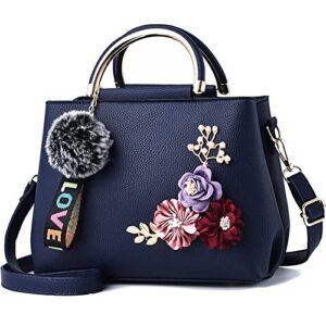 dayfine women purse top handle handbags pu leather 3d floral inlay satchel bag shoulder crossbody bags ladise medium tote bag with hair ball pendant -blue