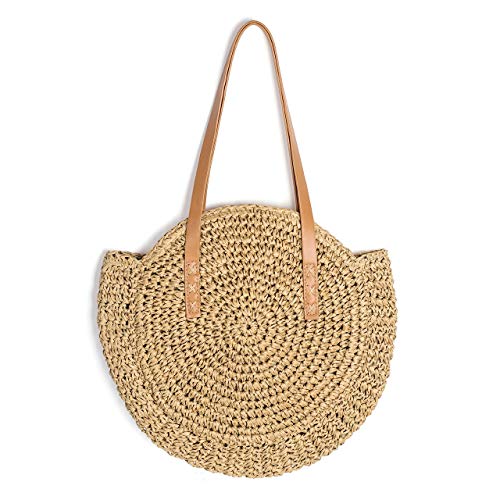 Ayliss Women Straw Woven Tote Handbag Large Beach Handmade Purse Shoulder Bag Straw Beach Handbag (Round Khaki #2)