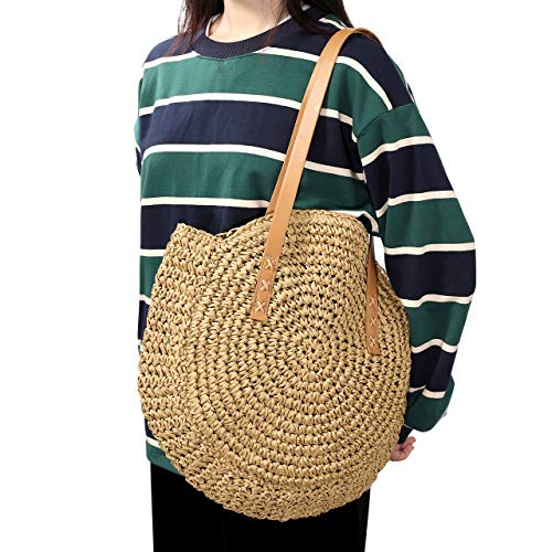 Ayliss Women Straw Woven Tote Handbag Large Beach Handmade Purse Shoulder Bag Straw Beach Handbag (Round Khaki #2)