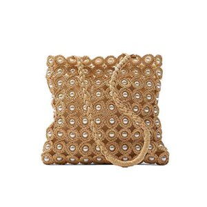 qtkj hand-woven hollow out soft straw shoulder bag with pearl flower, boho straw handle tote summer beach bag handbag
